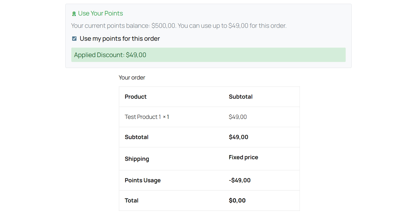 Checkout Points Usage